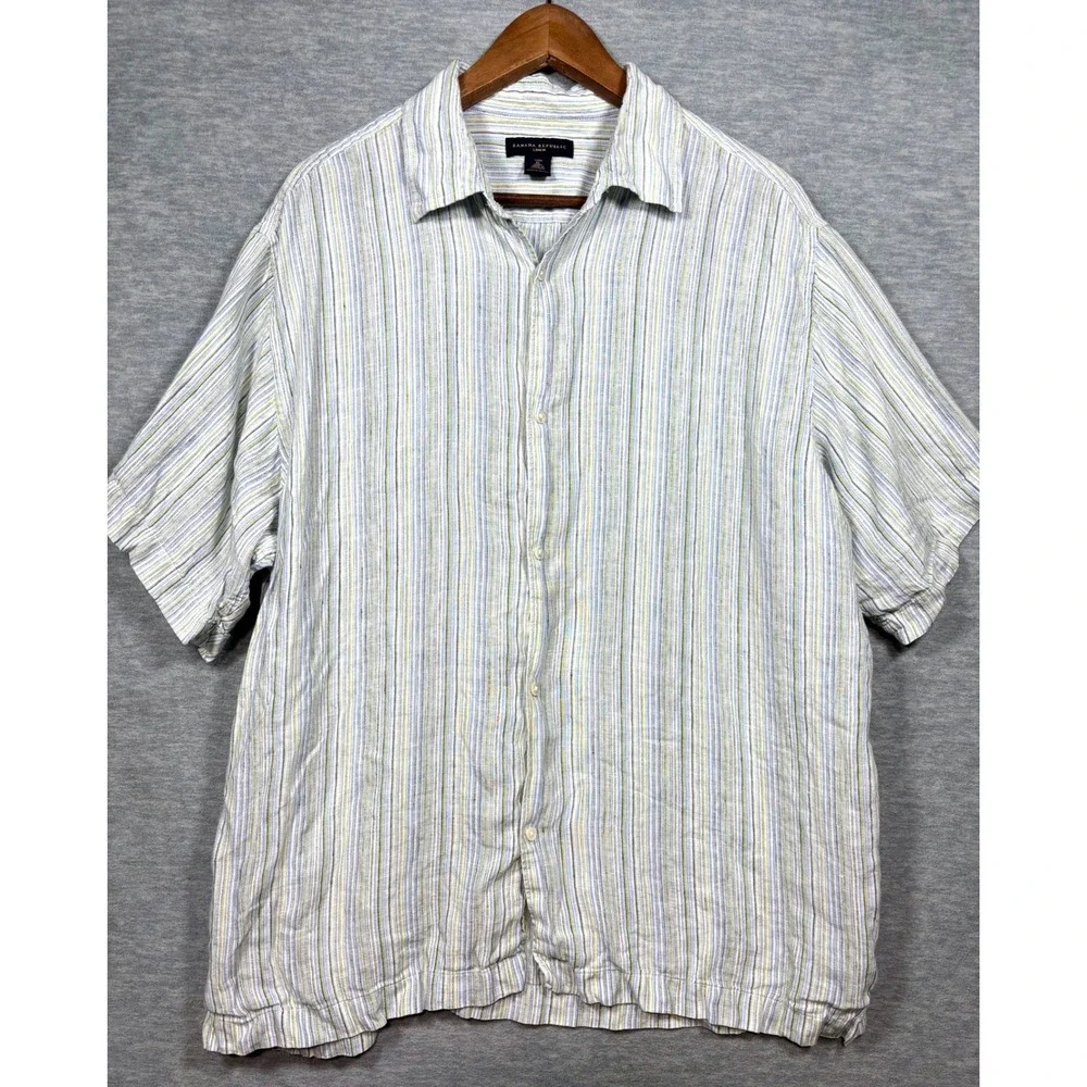 Banana Republic Mens XL Linen Short Sleeve Button Down Striped Shirt Blue Green